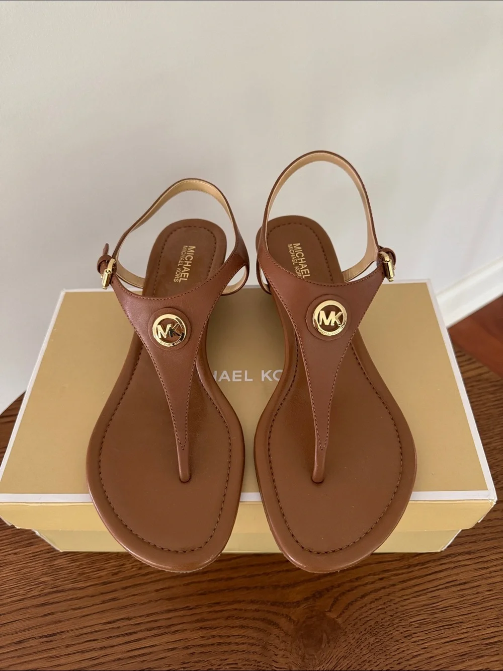 Michael Kors Cognac Leather T-Strap Sandals with Gold MK Accent